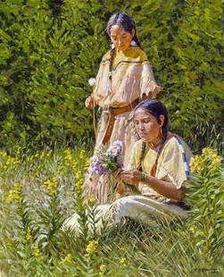 OIL PAINTING BY BARRY EISENACH: Oil painting on canvas by Barry Eisenach (American, b. 1952); of two young Native American women gathering flowers in a field; signed to lower right; the verso with Saks Galleries label; Prove