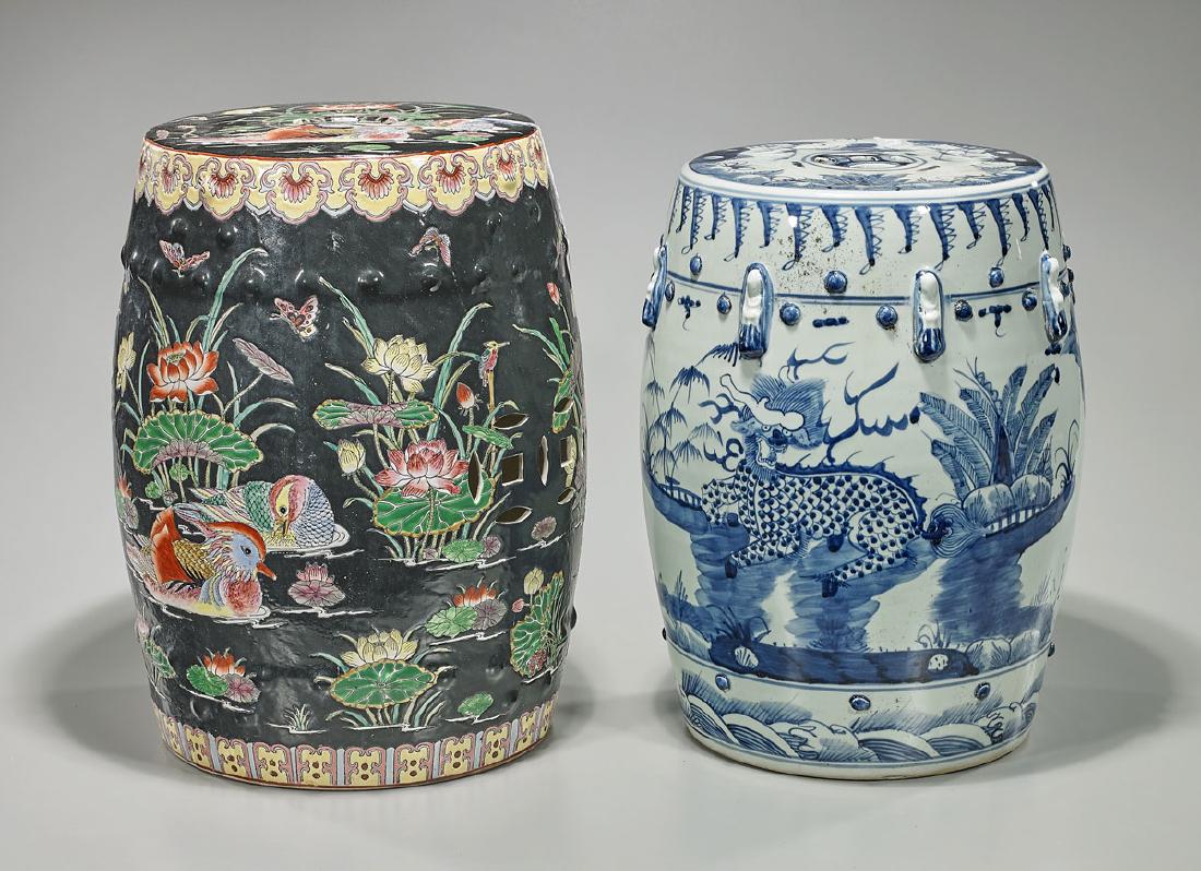 Two Chinese Porcelain Garden Seats: Two Chinese porcelain garden seats: blue and white, showing designs of qilin in a garden; together with Famille Rose enameled, featuring pond flora and fauna scene on a black ground; H: 19" (t