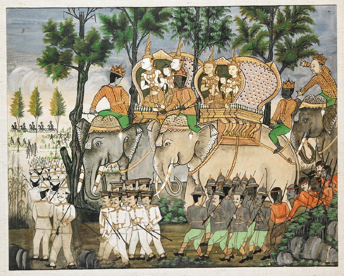 Southeast Asian Painting on Paper: Southeast Asian painting on paper; depicting a procession with figures riding atop elephants, and soldiers carrying weapons; 19 1/4" x 24 1/4" (sight, approx.); framed