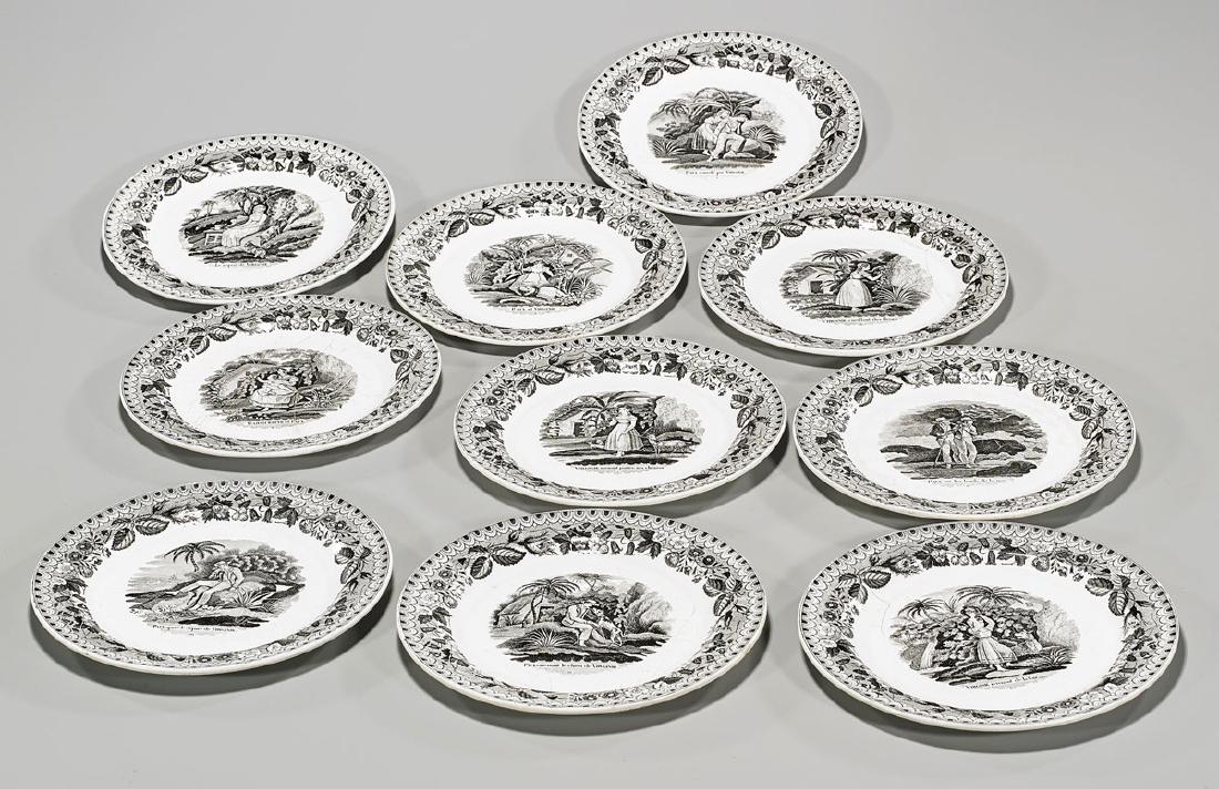 Set of Ten P&H Choisy Porcelain Plates: Set of ten P&H Choisy porcelain plates; centering various scenes from Paul et Virginie, framed by foliate motifs; each marked to base; Provenance: Estate of Joey Bishop; D: 8 1/2" (each, appro