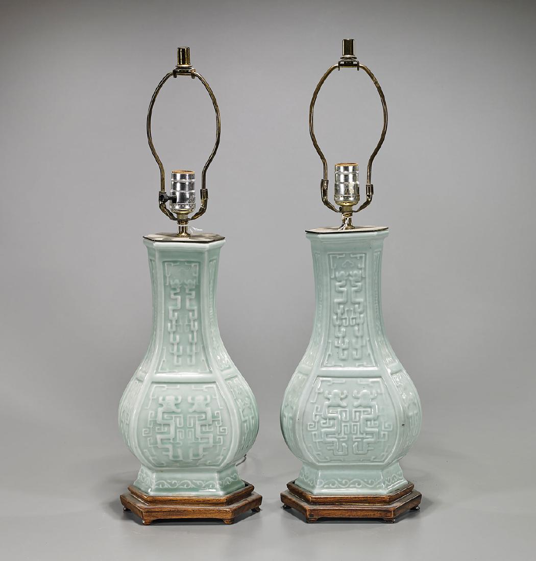 Pair Antique Chinese Celadon Porcelain Vases/Lamps (1 of 1)