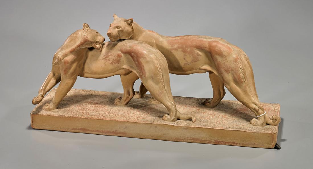 Ceramic Sculpture By Irenee Rochard: Ceramic sculpture by Irénée Rochard (French, 1906-1984); showing two panthers atop a rectangular plinth; signed to base, and reading Editions / Reveypolis / Paris; L: 30" 