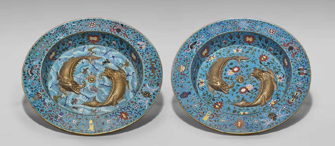 PAIR CHINESE CLOISONNE ENAMEL CHARGERS (1 of 2)