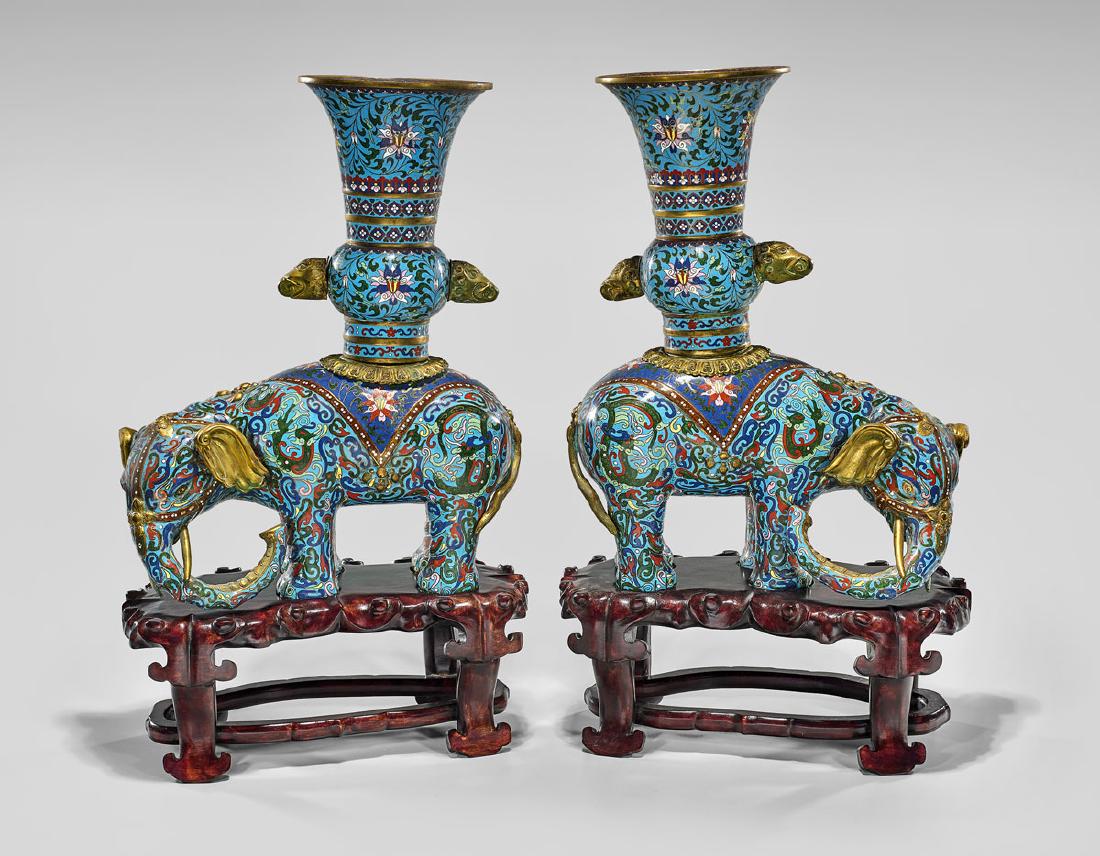 PAIR CLOISONNE ENAMEL 'ELEPHANT' VASES (1 of 2)