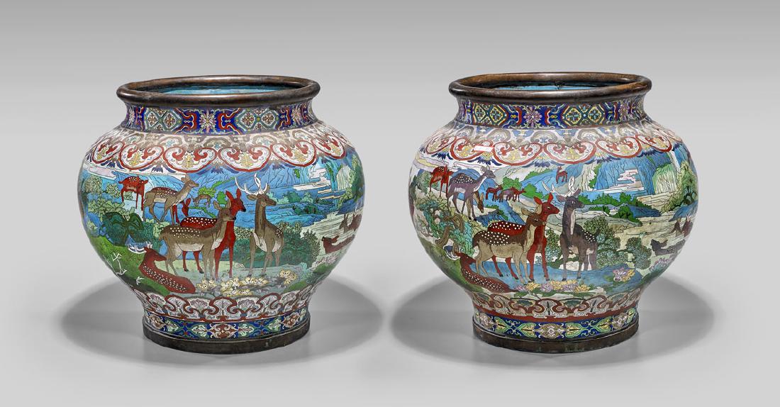 PAIR LARGE CHINESE CLOISONNE 'DEER' JARS (1 of 2)