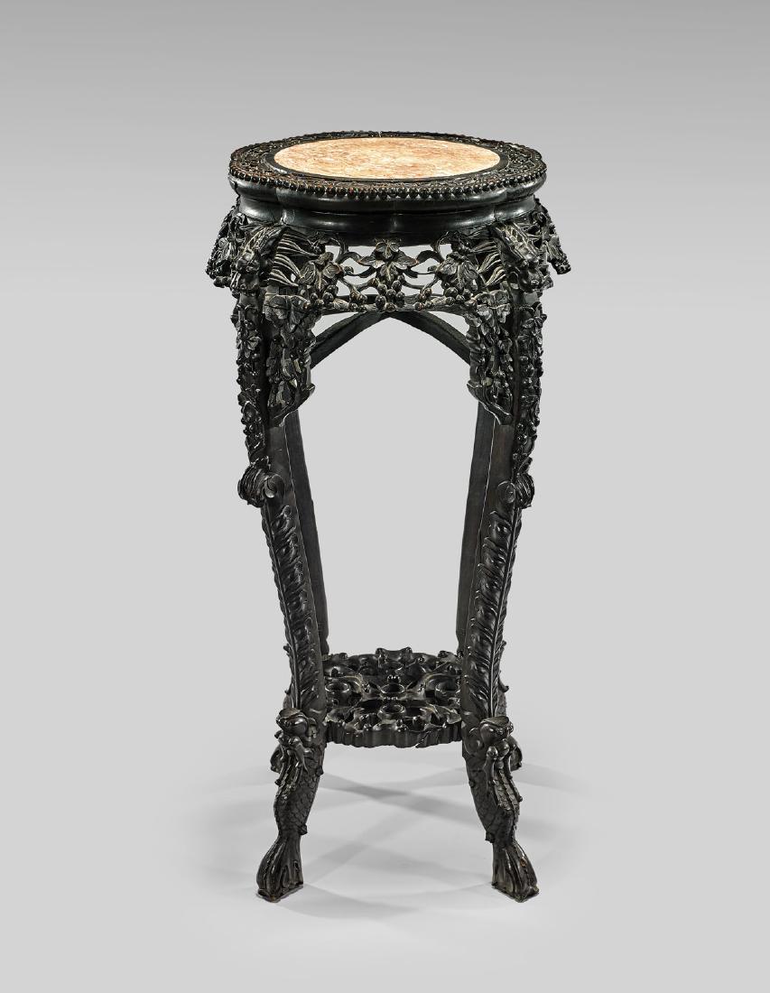 CHINESE MARBLE-SET CARVED HARDWOOD PEDESTAL (1 of 1)