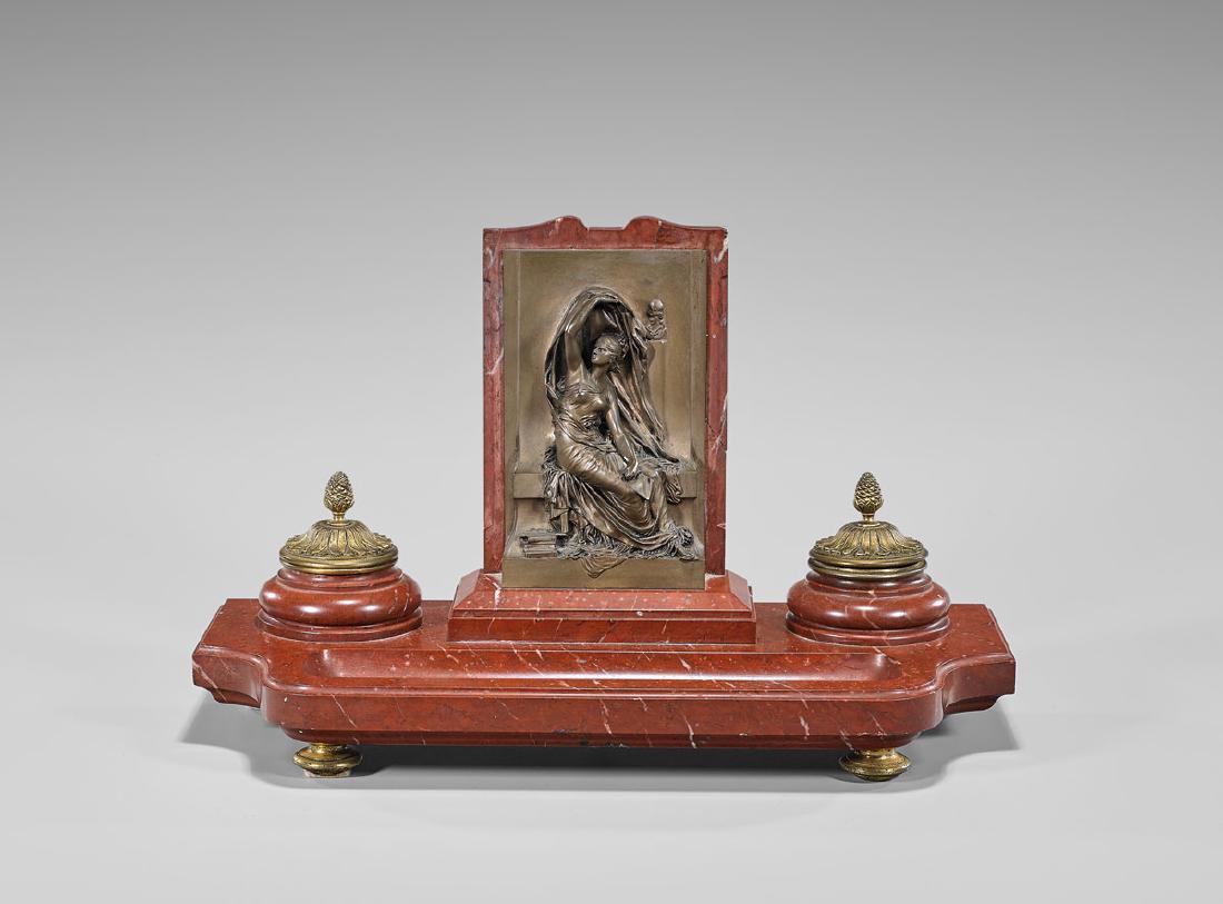 FRENCH BRONZE & ROUGE MARBLE INK STAND (1 of 1)