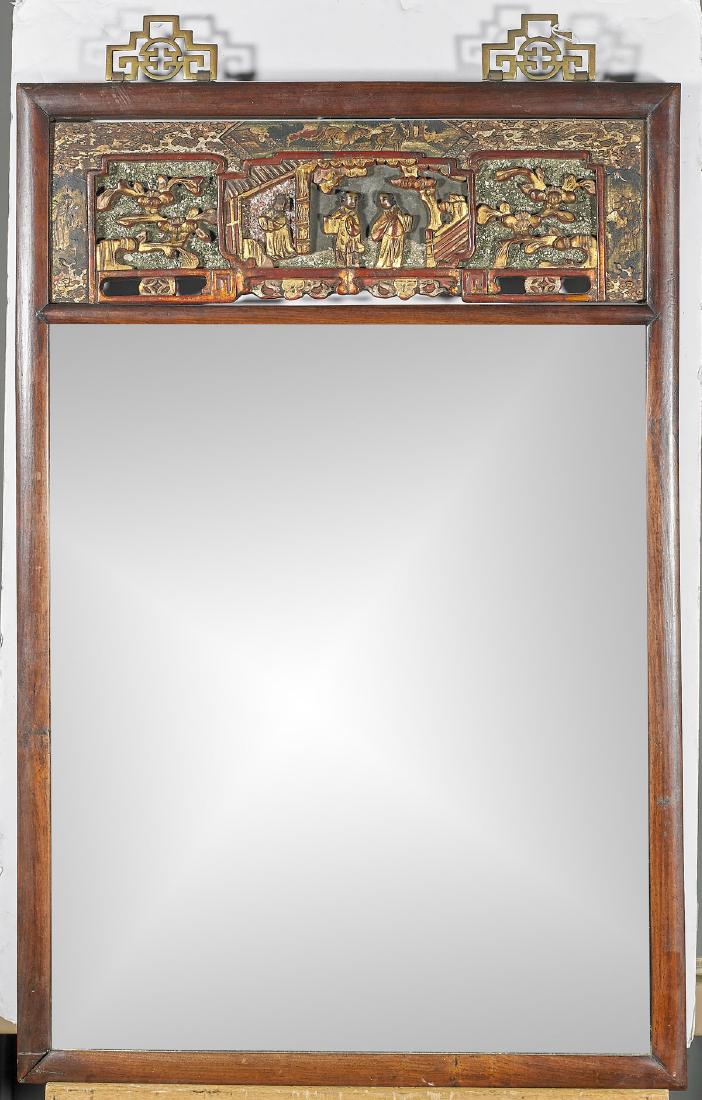 Chinese Carved Wood Mirror & Antique Panel (1 of 1)