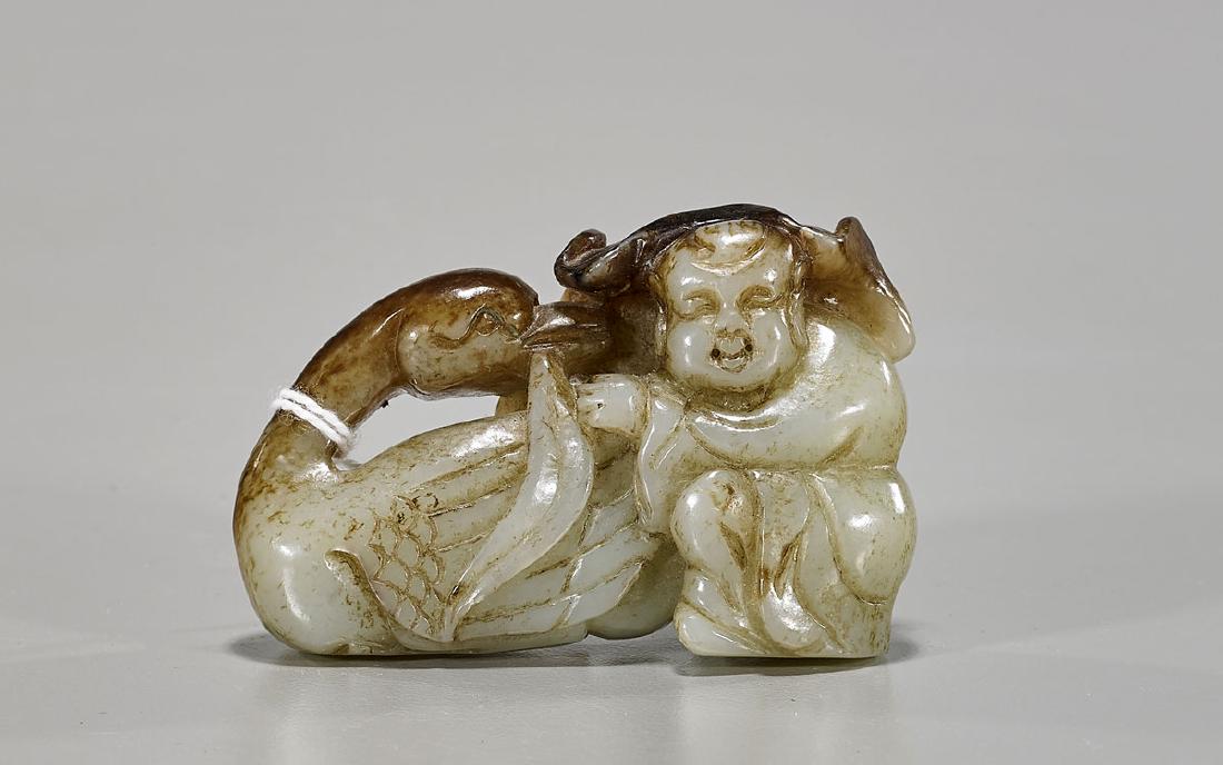 Chinese Carved Jade Toggle: Boy & Goose (1 of 1)