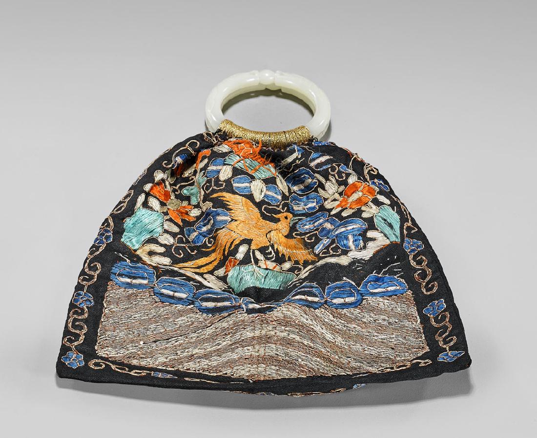 CHINESE CARVED JADE & EMBROIDERED SILK PURSE (1 of 1)