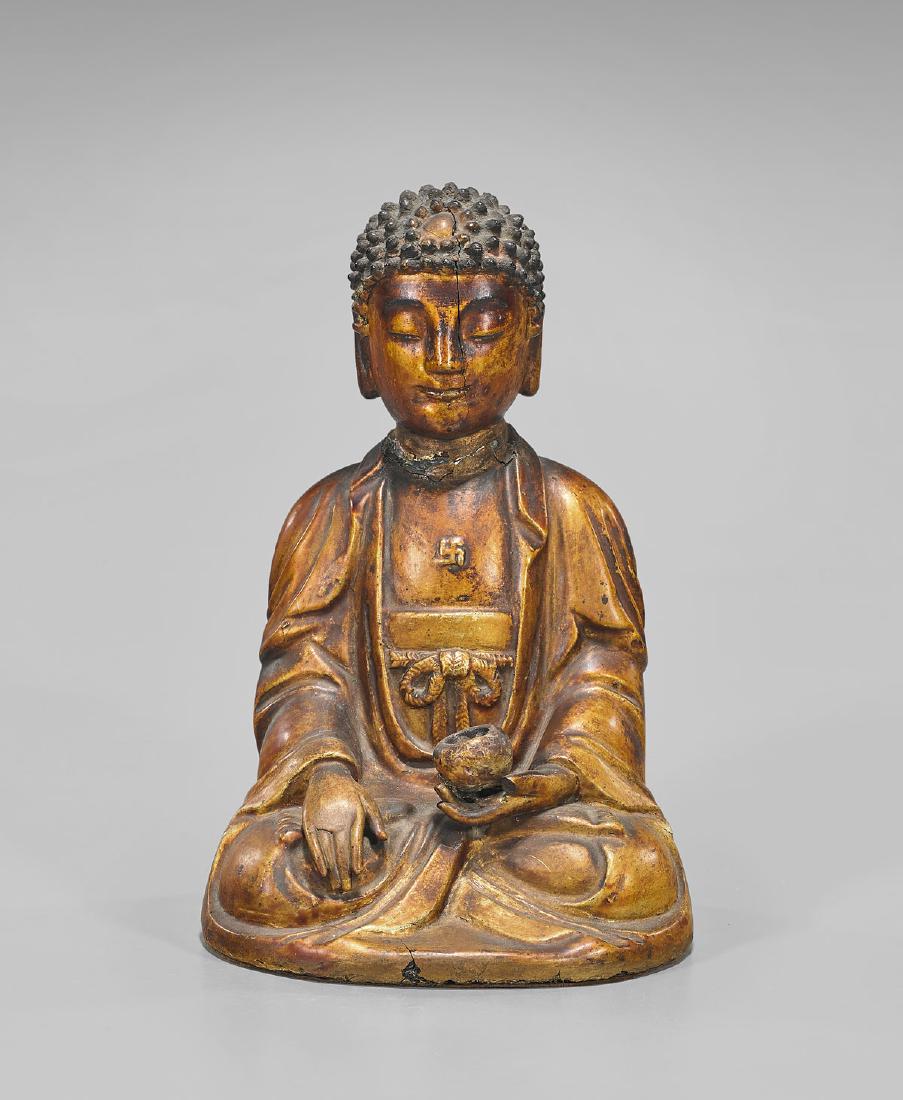 CHINESE GILT & RED LACQUER SEATED BUDDHA (1 of 2)