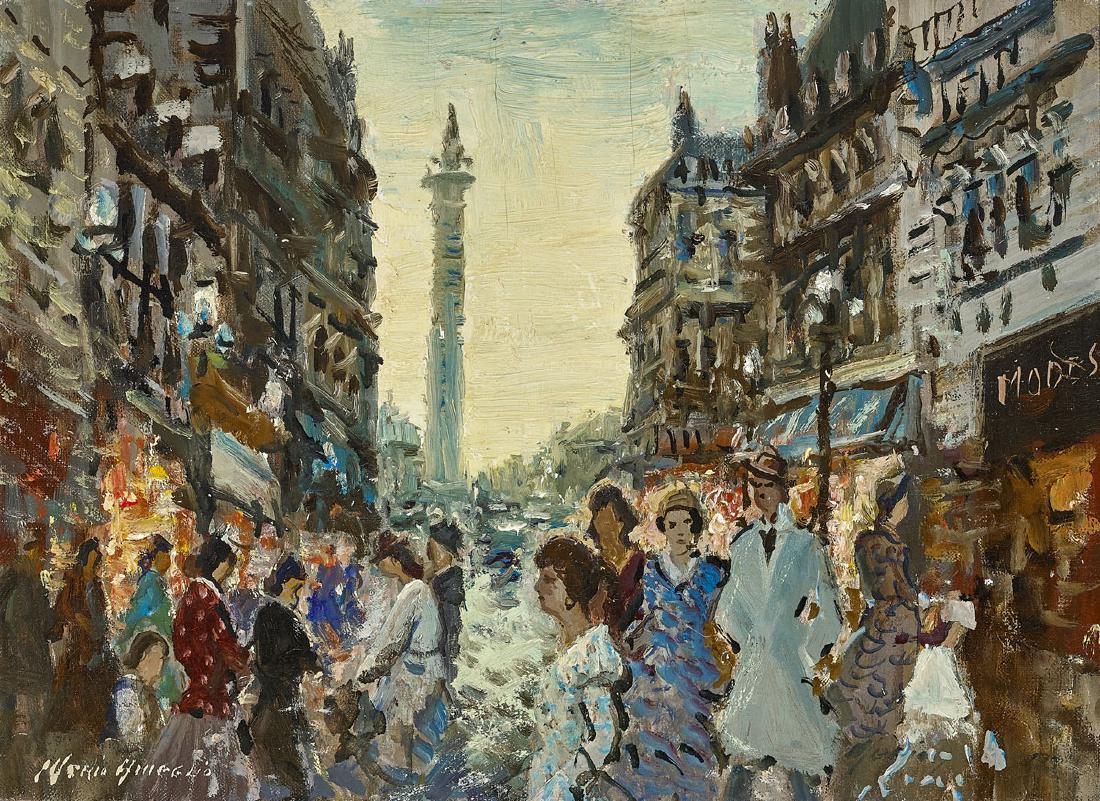 PAINTING BY MERIO AMEGLIO: Rue de la Paix: Oil painting on canvas by Merio Ameglio (Italian, 1897-1970), titled Rue de la Paix; signed to lower left; further signed and titled to verso; 12 3/4" x 17 3/4" (approx.); fram