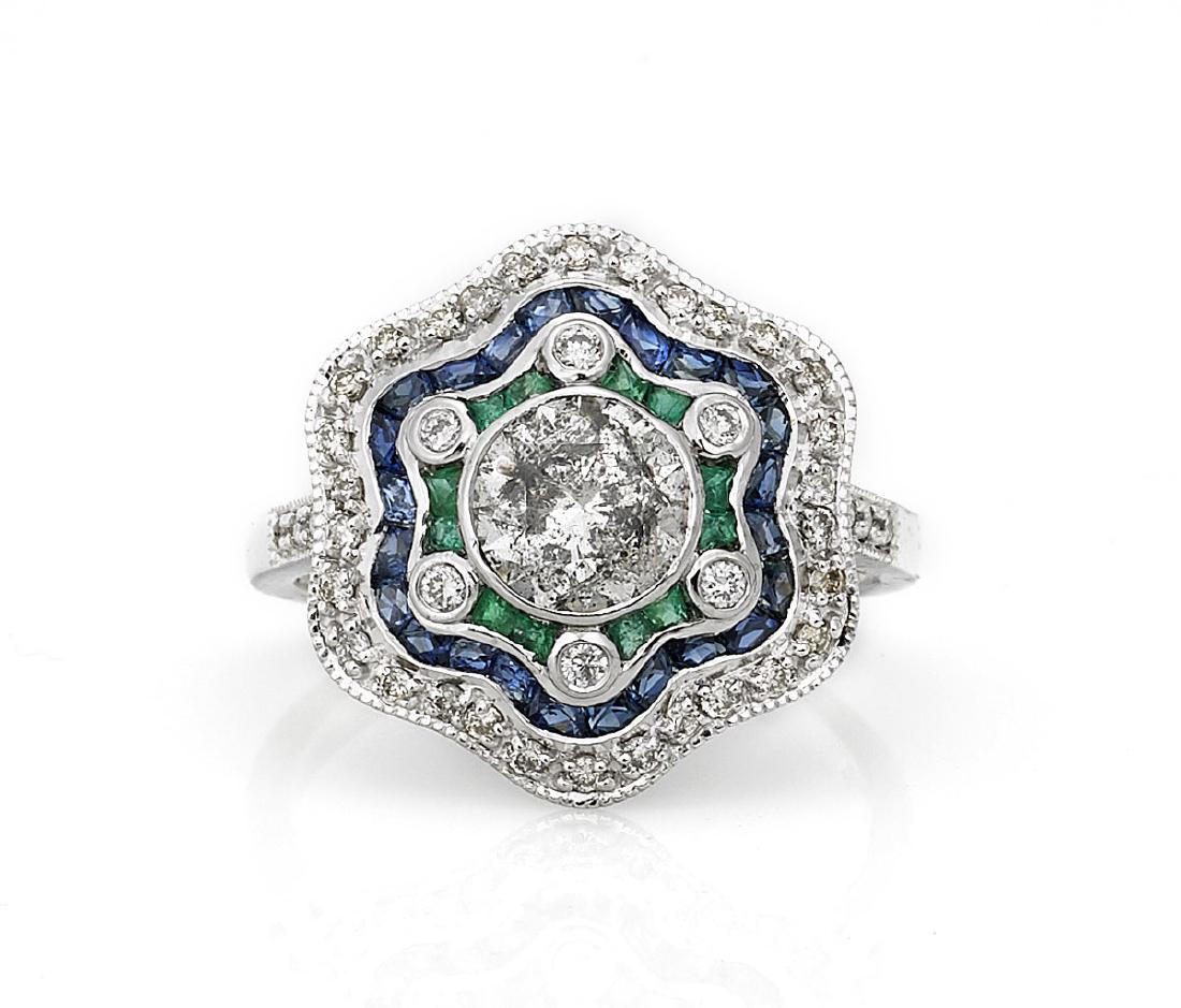 DIAMOND, SAPPHIRE, EMERALD & PLATINUM RING (1 of 2)