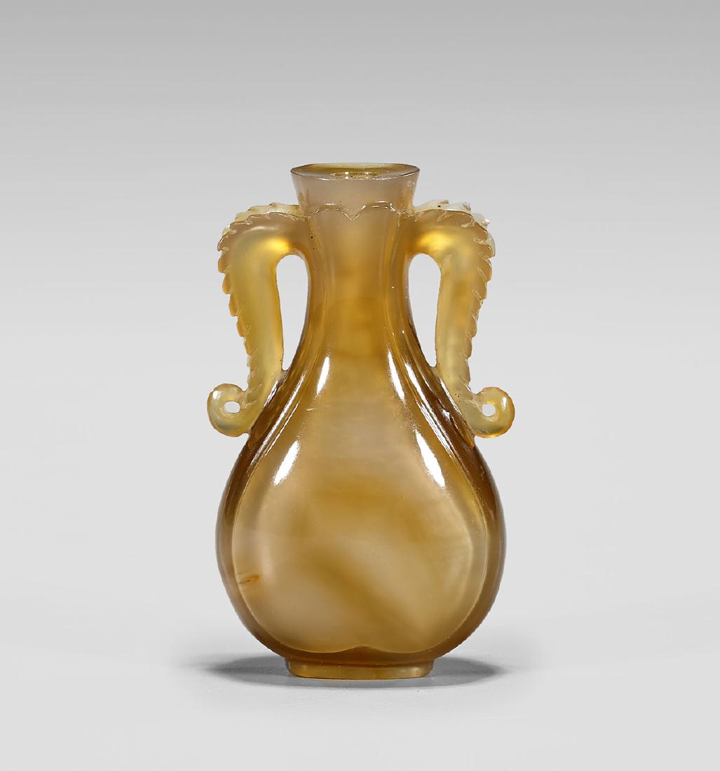 CARVED AGATE AMPHORA-FORM SNUFF BOTTLE: Chinese carved agate amphora-form snuff bottle; H: 2 1/2"