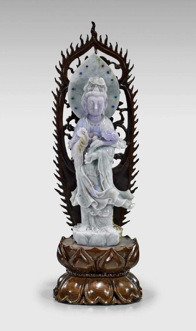 LAVENDER & GREEN JADEITE FIGURE OF GUANYIN (1 of 1)