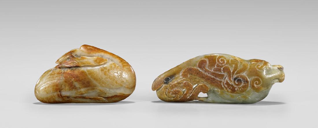 TWO JADE CARVINGS: Bird & Dragon Fish (1 of 1)