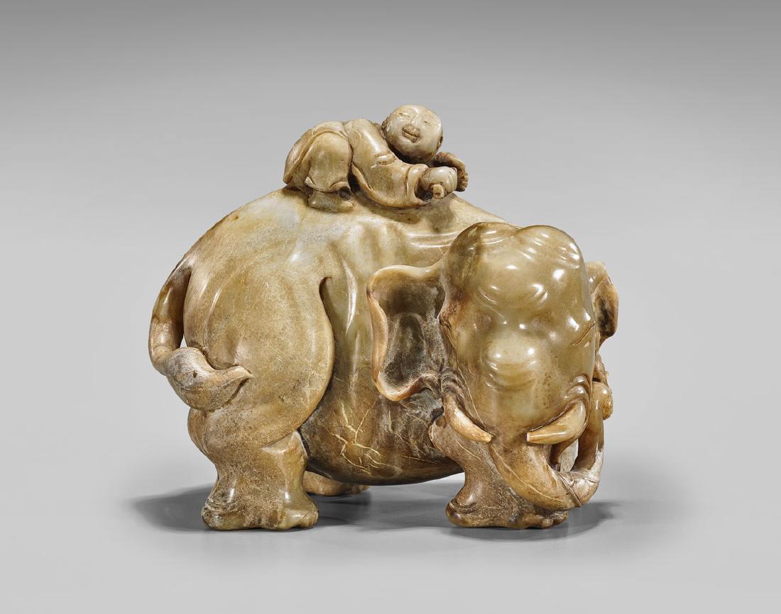 CARVED JADE ELEPHANT & RIDER (1 of 2)