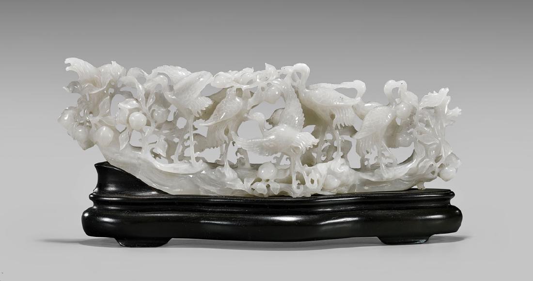 CARVED WHITE JADE GROUP: Cranes & Peaches (1 of 2)