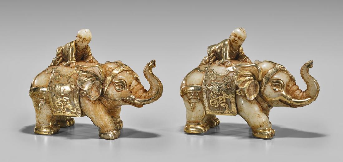 PAIR PARCEL-GILT CARVED JADE ELEPHANTS & RIDERS (1 of 2)