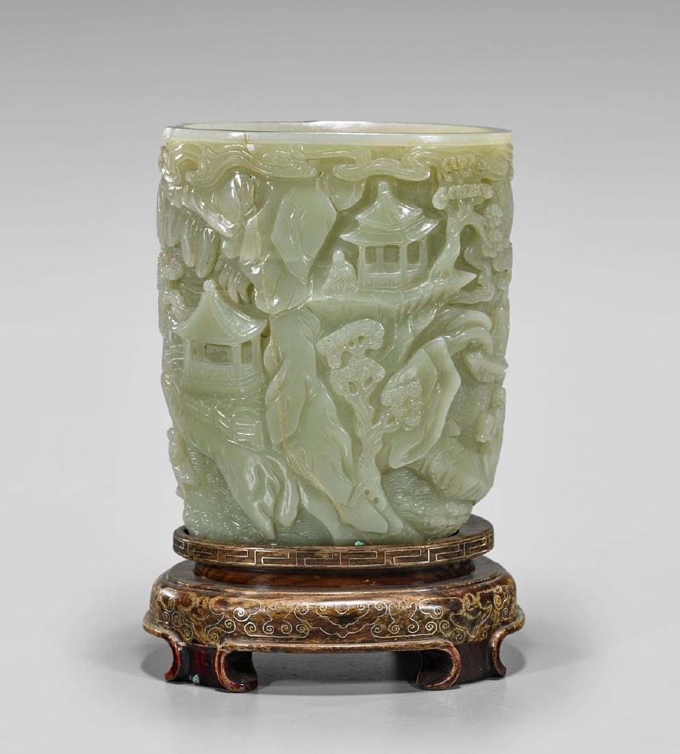 CARVED CELADON JADE BRUSHPOT (1 of 2)