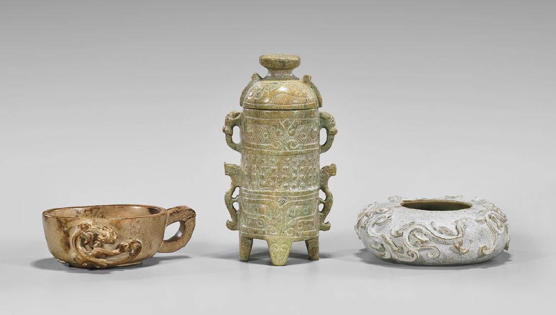 THREE ARCHAISTIC JADE OR HARDSTONE CARVINGS (1 of 2)