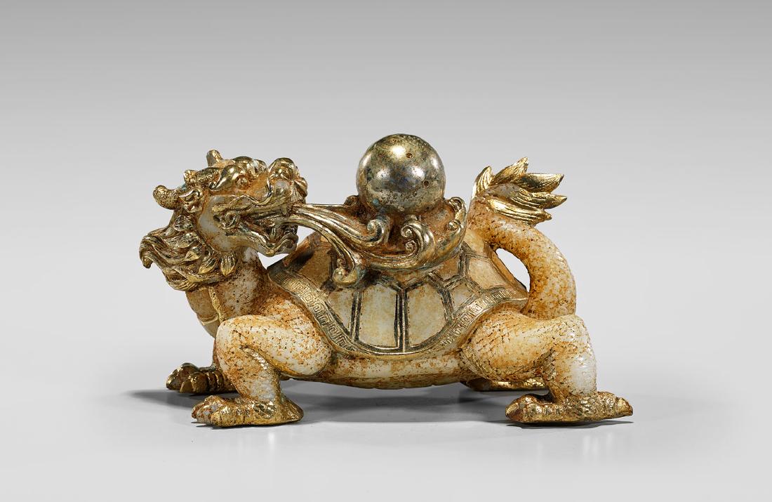 PARCEL-GILT JADE OR HARDSTONE DRAGON TURTLE (1 of 2)