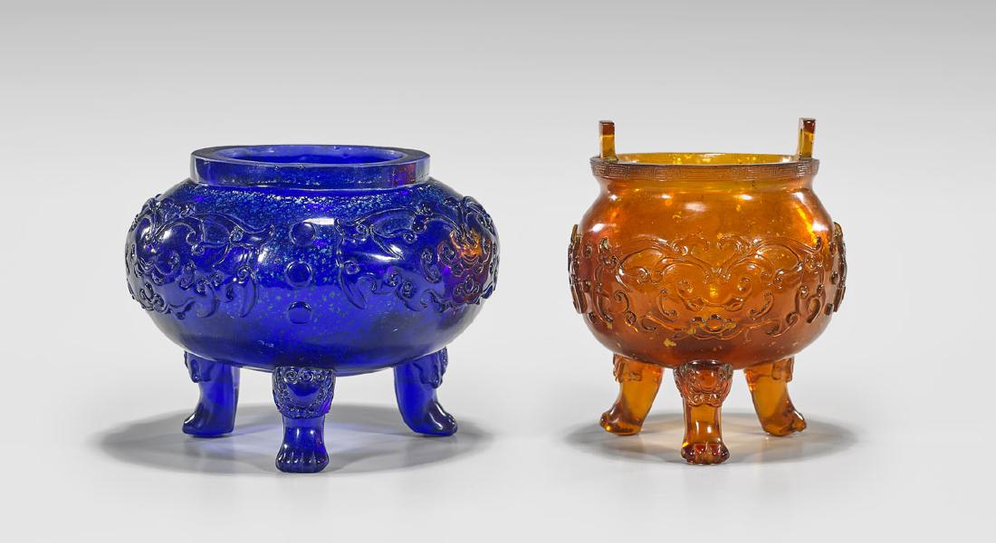 TWO CARVED GLASS CENSERS (1 of 2)