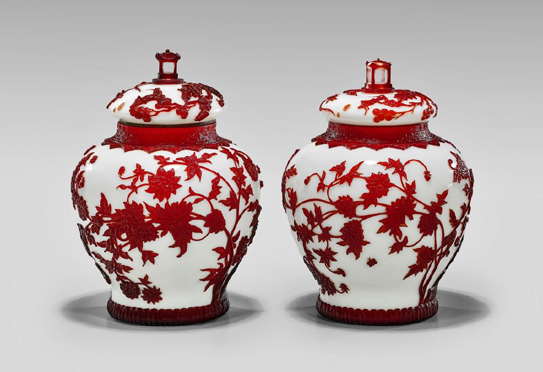 PAIR RED OVERLAY WHITE GLASS COVERED JARS (1 of 4)
