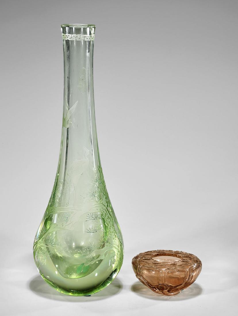 TWO CARVED GLASS PIECES: Vase & Brush Washer (1 of 3)