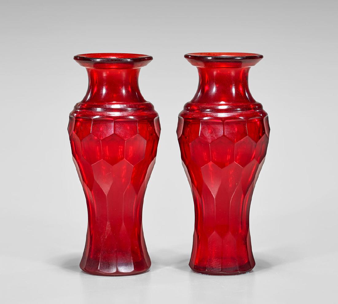 PAIR RUBY-RED FACETED GLASS VASES (1 of 1)