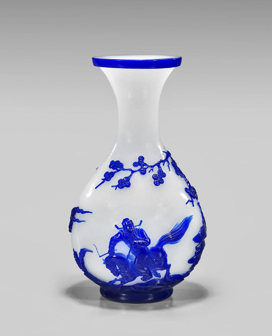 CARVED BLUE OVERLAY WHITE GLASS VASE (1 of 3)