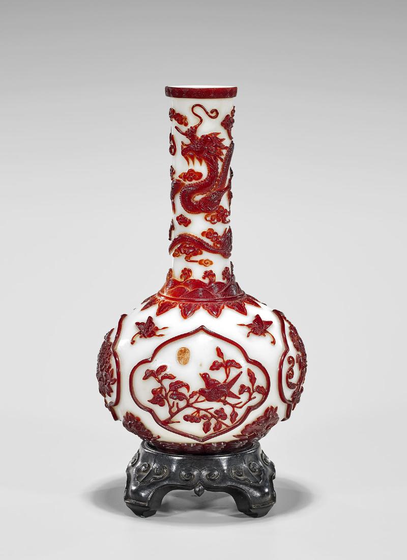 CARVED RED OVERLAY WHITE GLASS BOTTLE VASE (1 of 3)