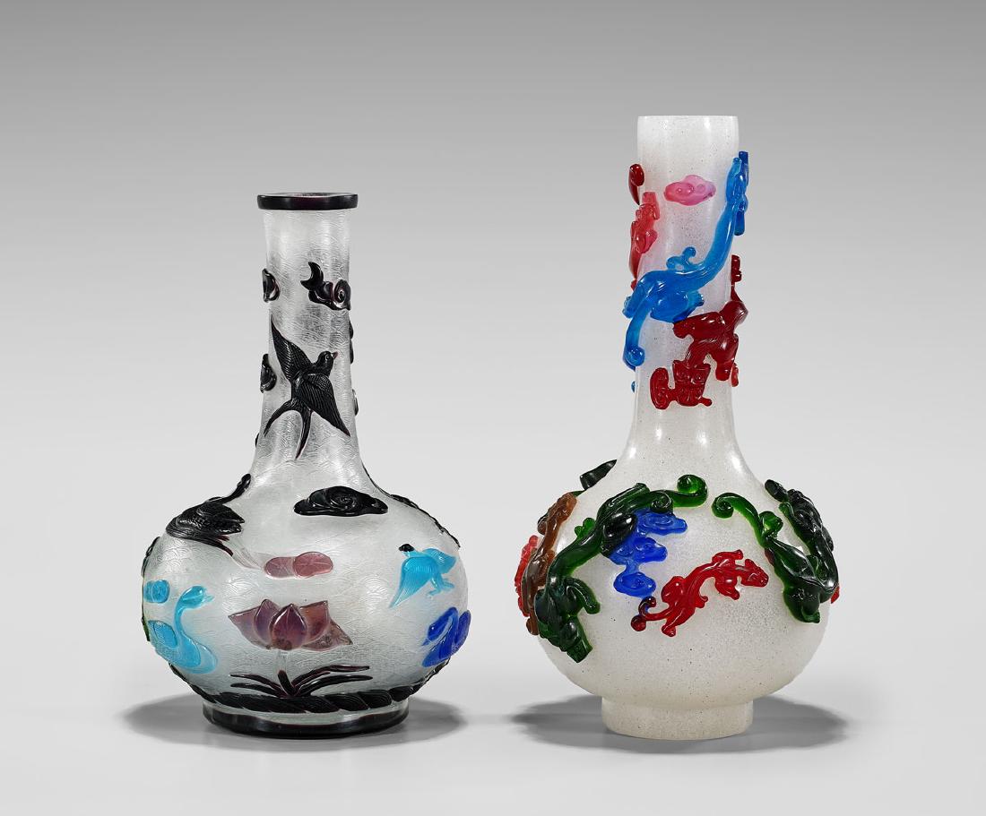 TWO MULTI-COLOR OVERLAY GLASS BOTTLE VASES (1 of 4)