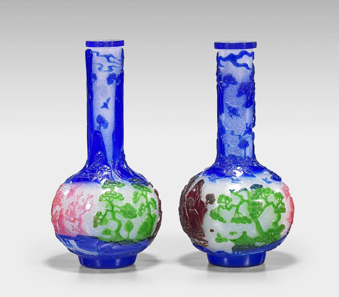 PAIR FIVE-COLOR OVERLAY SNOWFLAKE GLASS VASES (1 of 4)