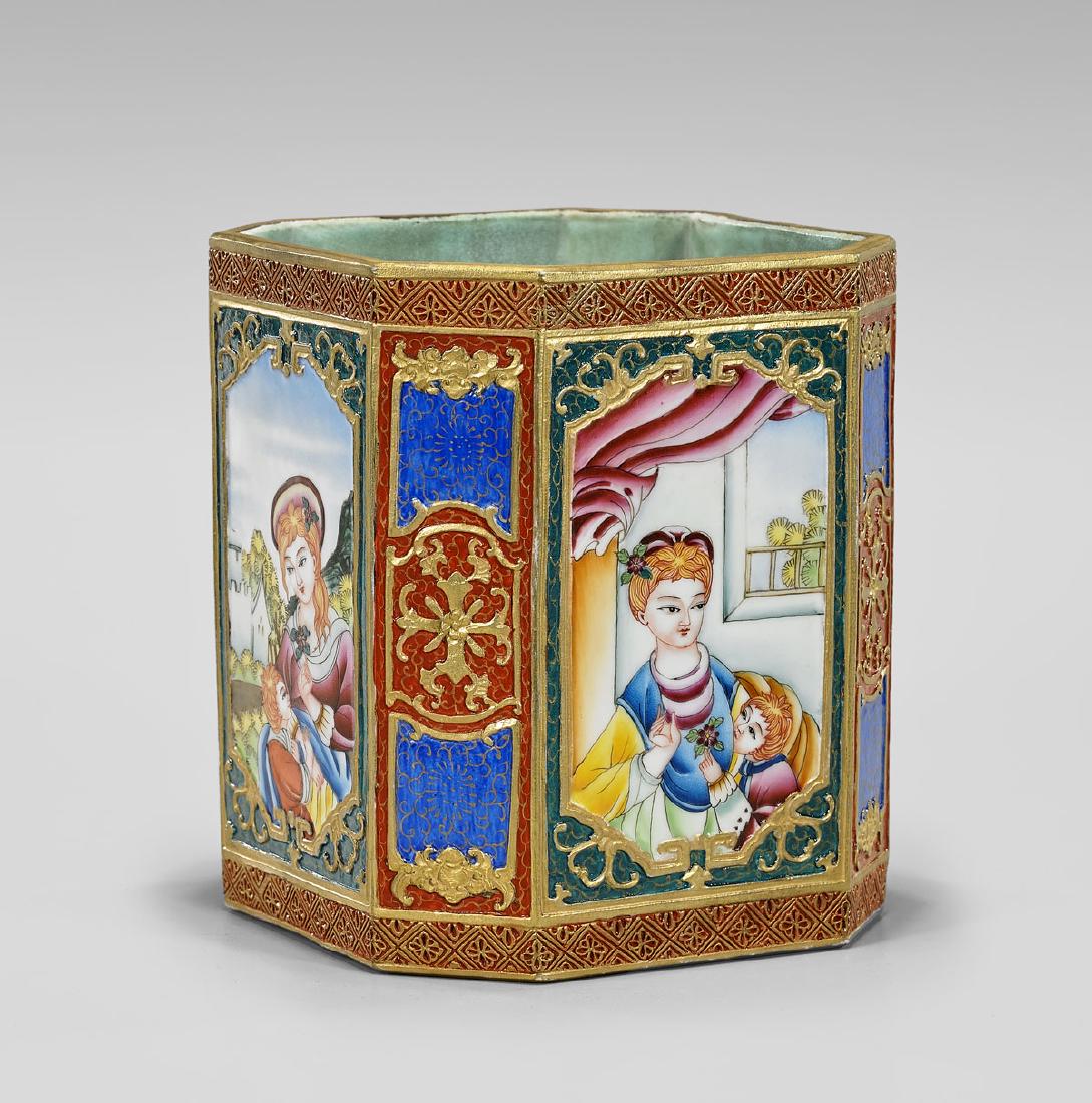 EXPORT-STYLE ENAMELED PORCELAIN BRUSHPOT (1 of 3)