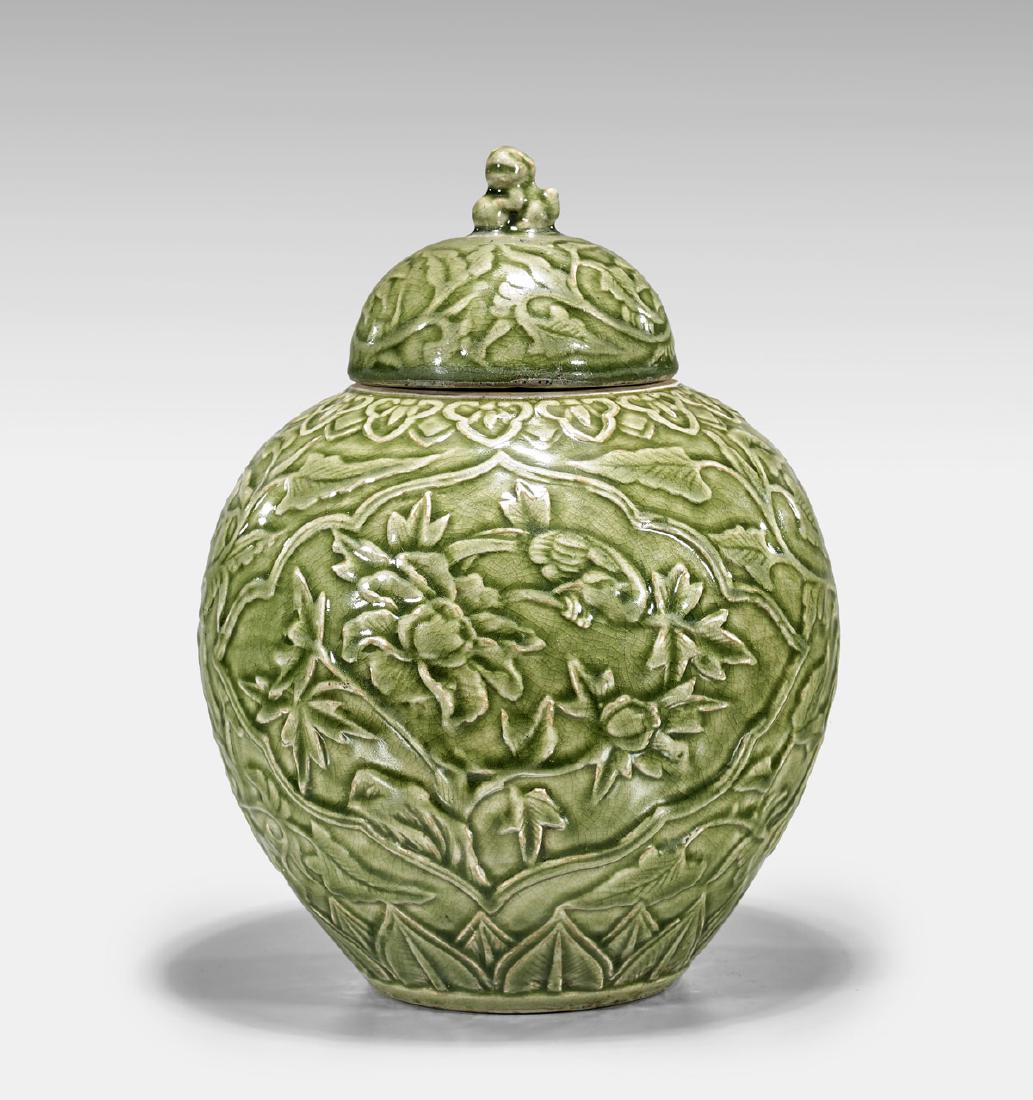 CELADON GLAZED FLORAL JAR (1 of 3)
