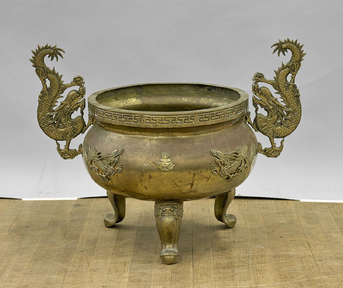 Large Chinese Bronze Tripod Censer: Large Chinese bronze tripod censer; L: 32" (approx.)