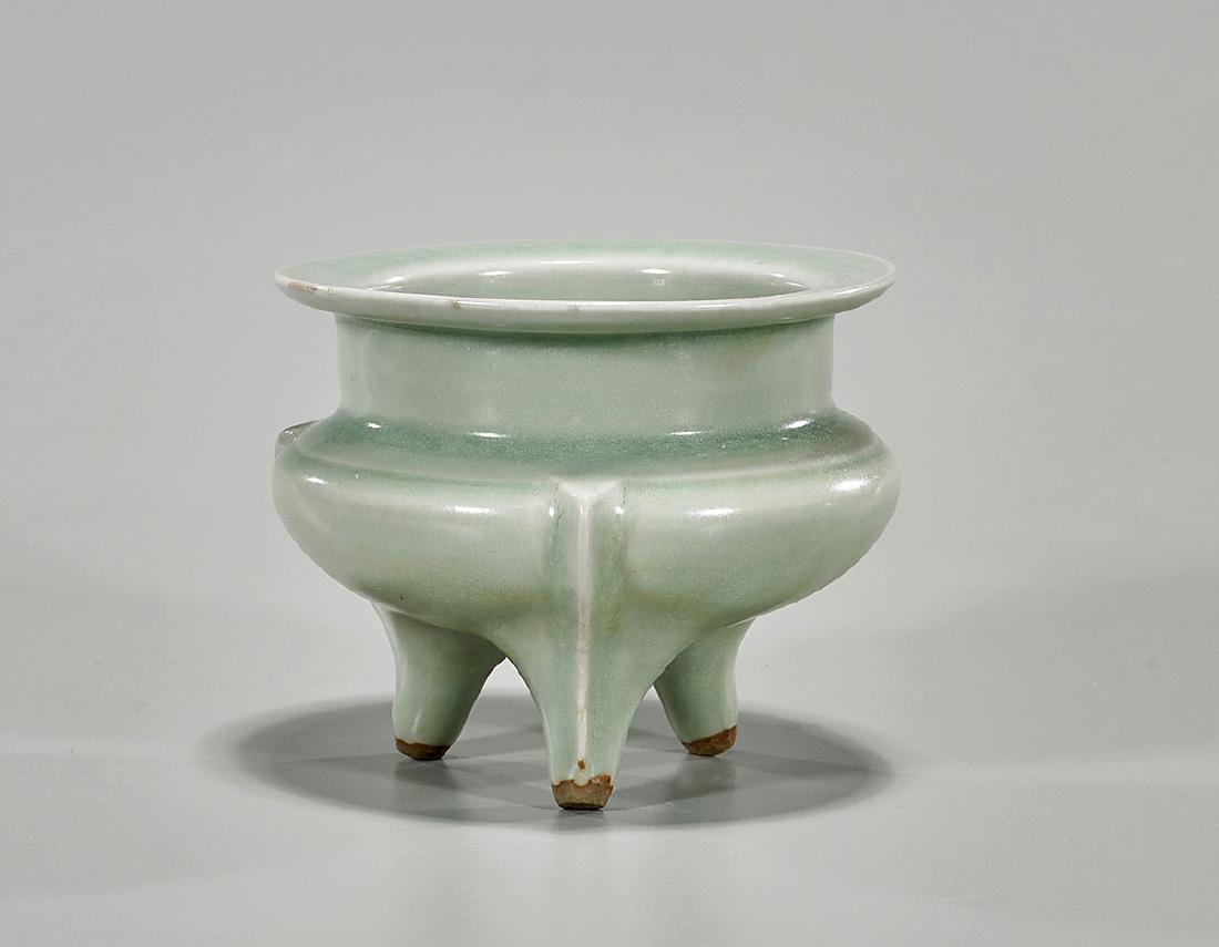 Chinese Celadon Glazed Tripod Censer: Chinese Song-style celadon glazed tripod censer; D: 4 1/2" (approx.)