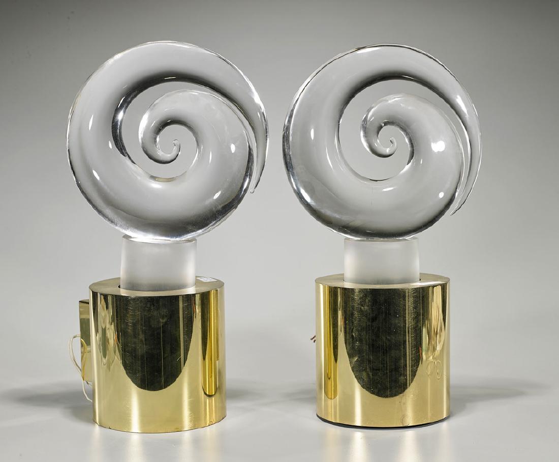 Pair Oggetti Glass & Brass Lamps: Pair of Oggetti glass and brass lamps; each illegibly signed to base; H: 22" (each, approx.)