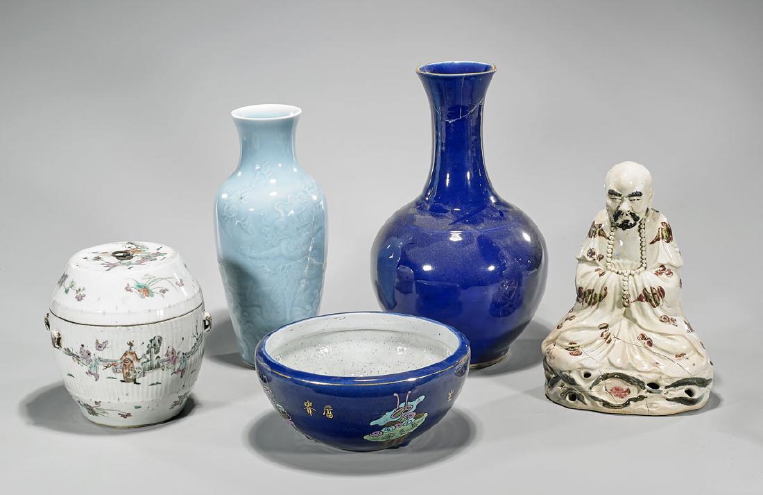 Group of Five Various Ceramics: Group of five various ceramics, including: 19th Century Famille Rose enameled export covered jar; seated figure; blue monochrome glazed vase; blue and enameled porcelain basin; together with blue moul