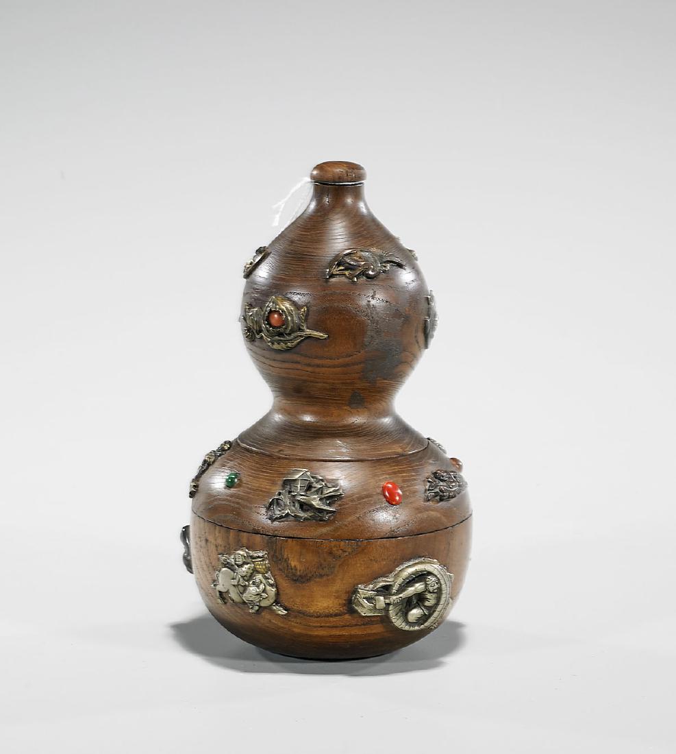 Japanese Sectional Wood Double Gourd Vase: Japanese sectional wood double gourd vase; set with mixed-metal menuki; interspersed with agate and hardstone cabochons; H: 8" (approx.)