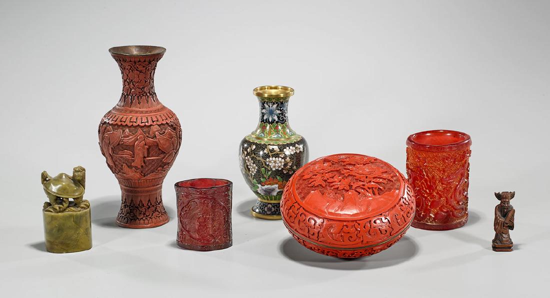 Group of Seven Various Chinese Pieces: Group of seven various Chinese pieces: cloisonné enamel vase; dragon turtle soapstone seal; miniature wood carving; round cinnabar lacquer-like box; cinnabar lacquer-like vase; together with tw