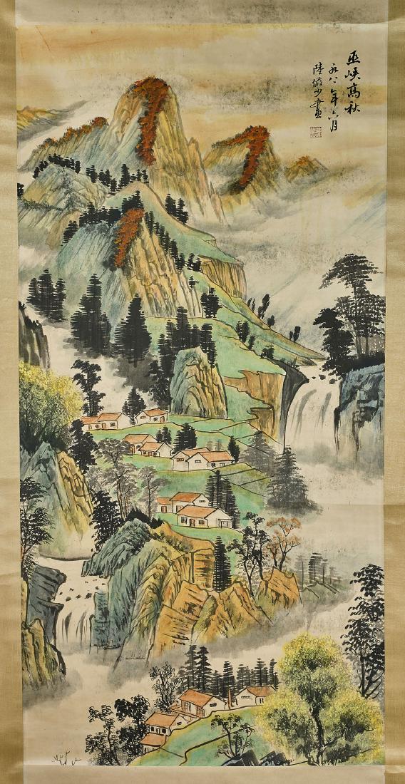 Two Chinese Scrolls After Lu Yanshao & Song Wenzhi: Two Chinese ink and color on paper landscape scrolls: after Song Wenzhi; together with after Lu Yanshao; each signed, with seal marks; 50 1/2" x 25" (largest, approx.)