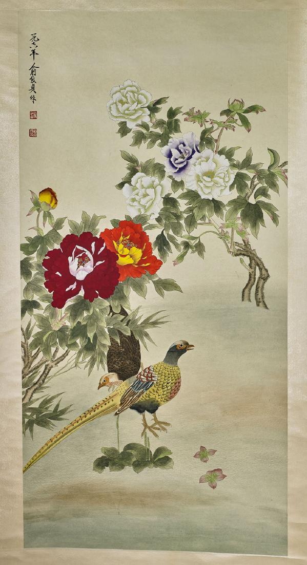 Two Chinese Paper Scrolls: Two Chinese ink and color on paper scrolls; horse after Giuseppe Castiglione; together with flowers after Yu Zhizhen; each signed, with seal marks; Provenance: Private collection, Beverly Hills; 52 1/