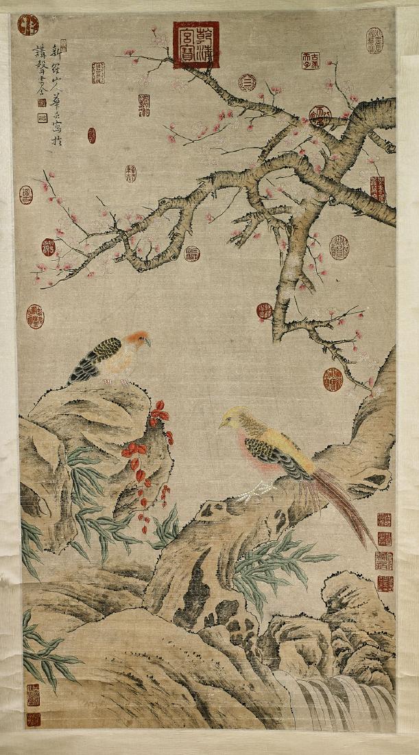 Two Chinese Scrolls After Hua Yan & Hu Mei: Two Chinese ink and color paper scrolls: red flower with birds after Hua Yan; together with rabbit and trees after Hu Mei; each signed, with seal marks; Provenance: Private collection, Beverly Hills;