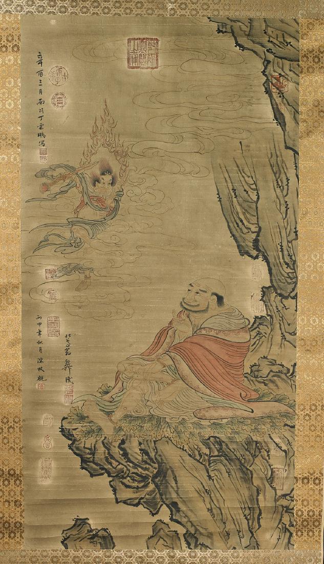 Two Chinese Scrolls After Ding Yunpeng & Xiong: Two Chinese ink and color on paper scrolls: Lohans after Ding Yunpeng; together with beauties after Xiong Mengxiang; each signed, with seal marks; 48" x 25" (largest, approx.)