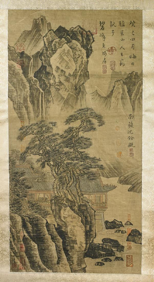 Two Chinese Landscape Scrolls: Two Chinese ink and color on paper scrolls; depicting mountainous river scene after Ma Yuan; together with architectural landscape; each signed, with seal marks; 48 1/2" x 25" (largest, ap