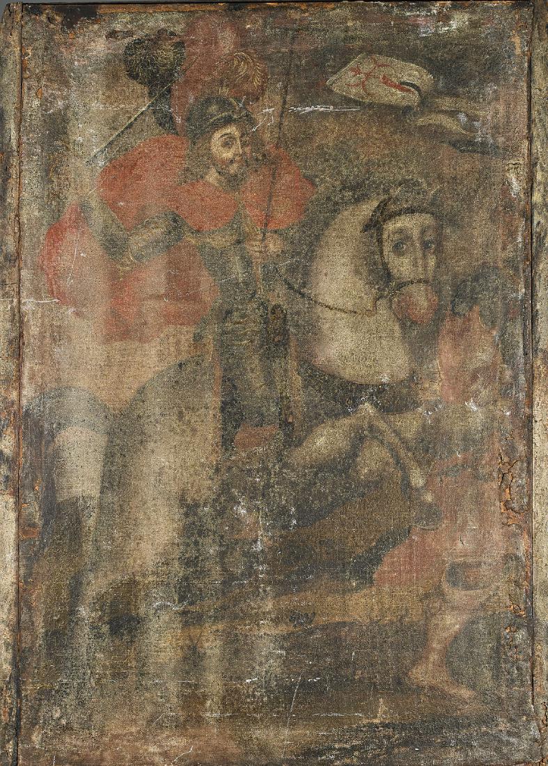 Antique Spanish Colonial Painting: Antique Spanish Colonial painting on canvas laid to panel; depicting a horse and rider; 31 1/4" x 22 1/2" (approx.)