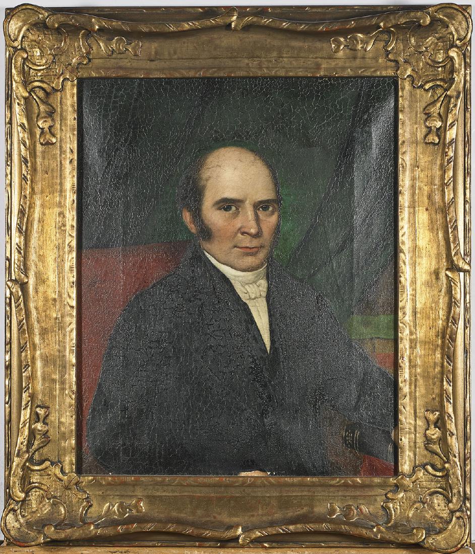 Antique Oil Portrait on Canvas: Antique oil portrait on canvas; of a man, his hand resting on a book; 14 1/2" x 11 3/4" (sight, approx.); framed