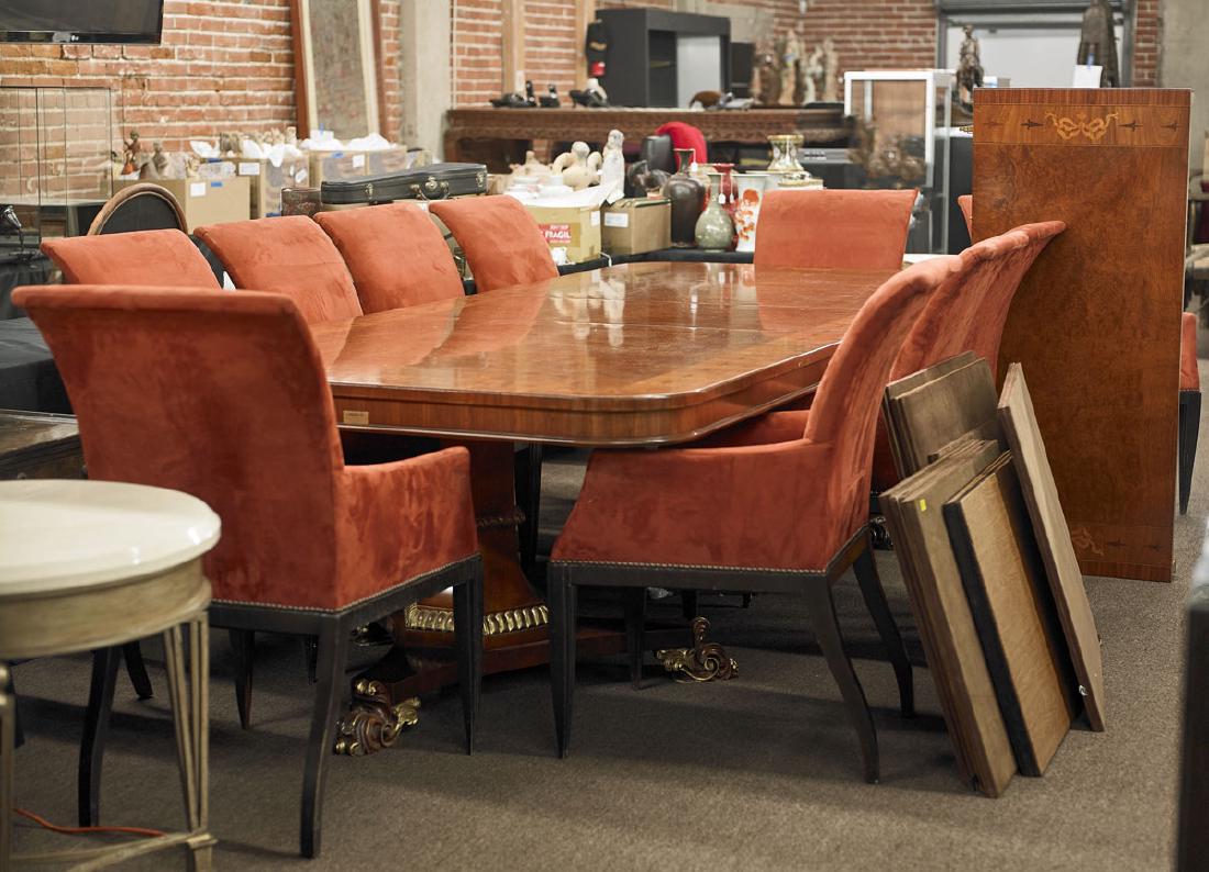 Dining Set: Large Provasi Table & Chairs: Dining set, including: large Provasi table, with two leaves and two bases; together with ten upholstered chairs; 31" x 126" x 55" (approx.); with table covers